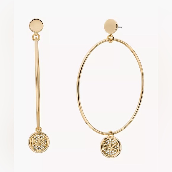 MK Fashion Gold-Tone Brass Hoop Earrings w MK motif charm with gems - Picture 1 of 3